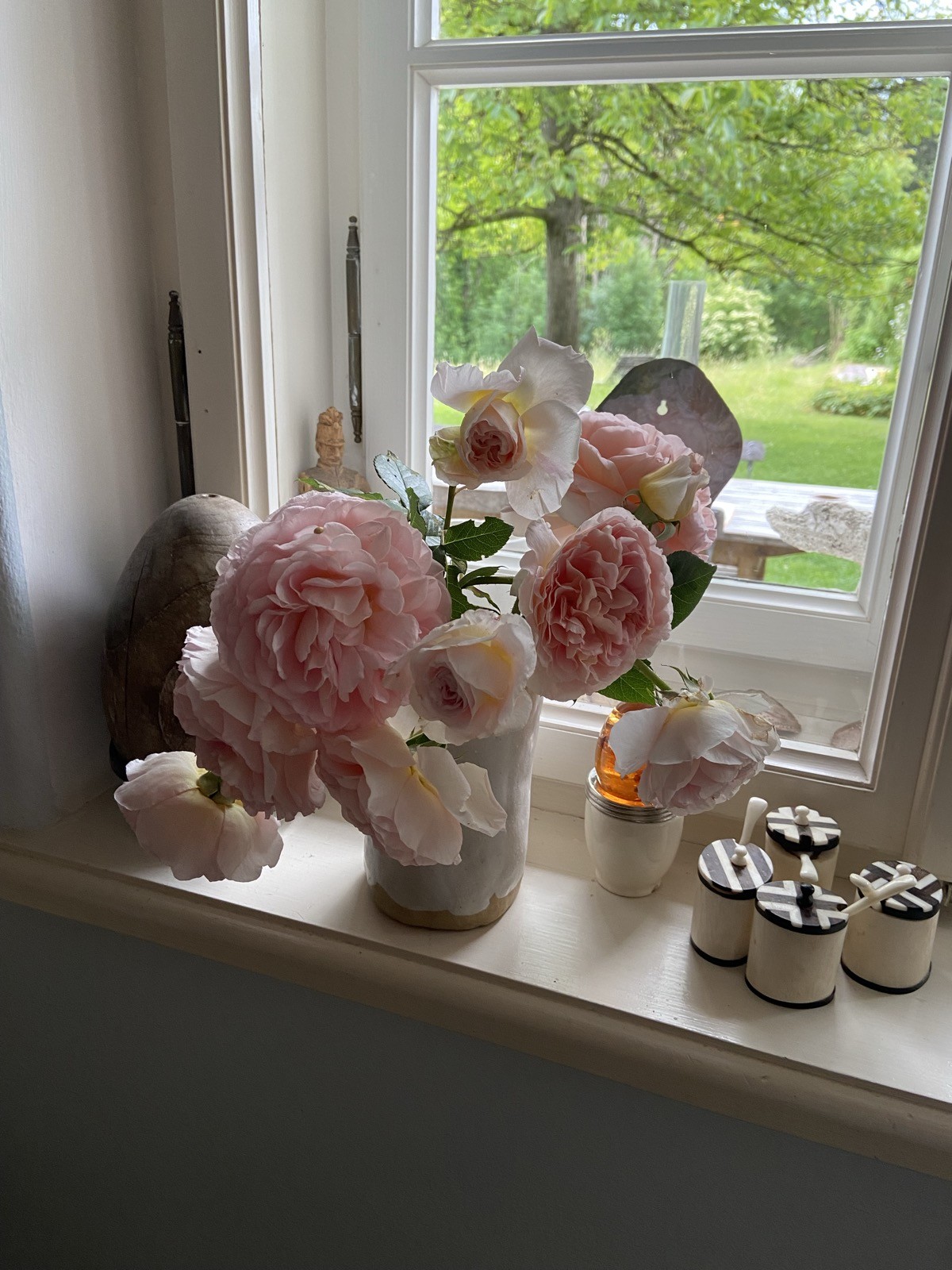 Zarte rosa Rosen in einer Holzvase am Sprossenfenster
